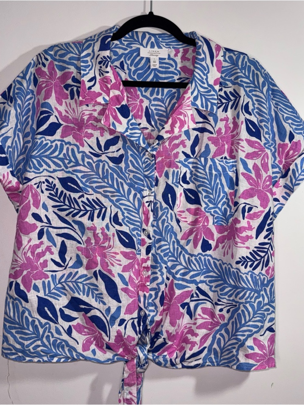 Charter Club Linen Button Front Top Blue Pink Floral Tie Front L